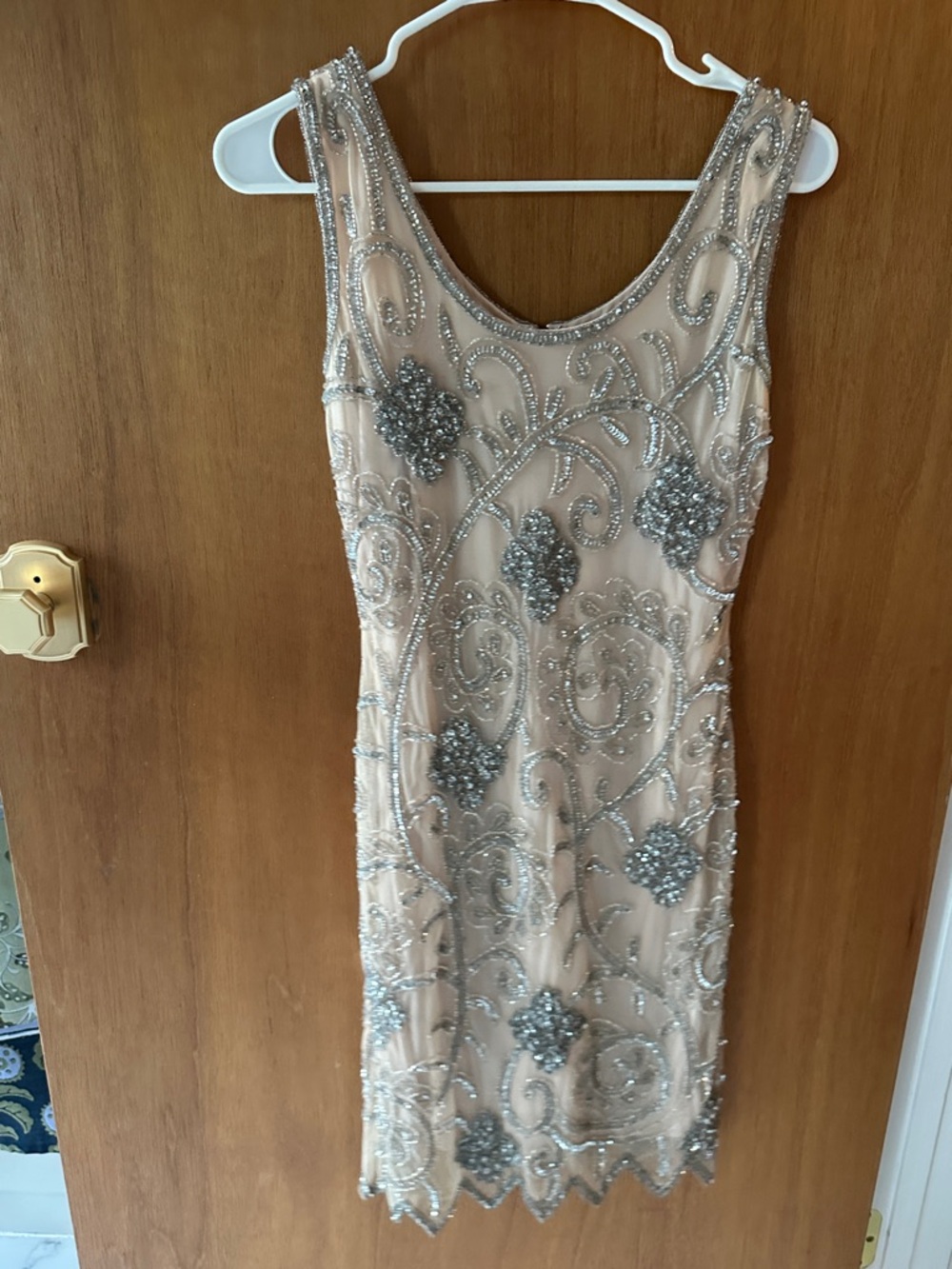Beaded Nude Cocktail Dress with Silver Embellishment